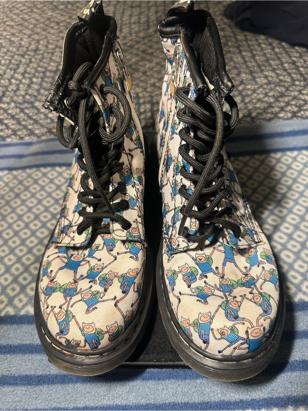 Dr. Martens Kids White Boots with Blue and Green Cartoon Print